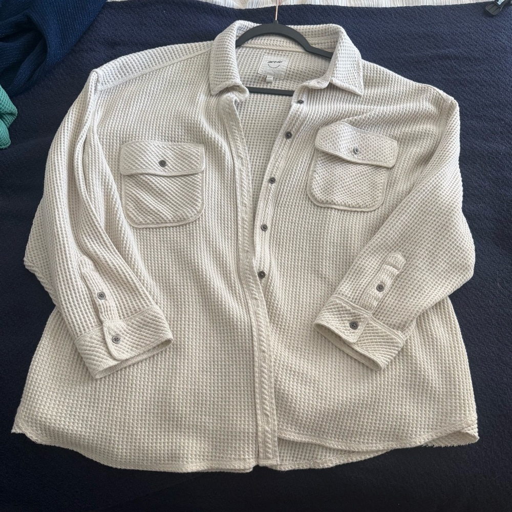 Aerie Cream Waffle Knit Button-Up Shacket